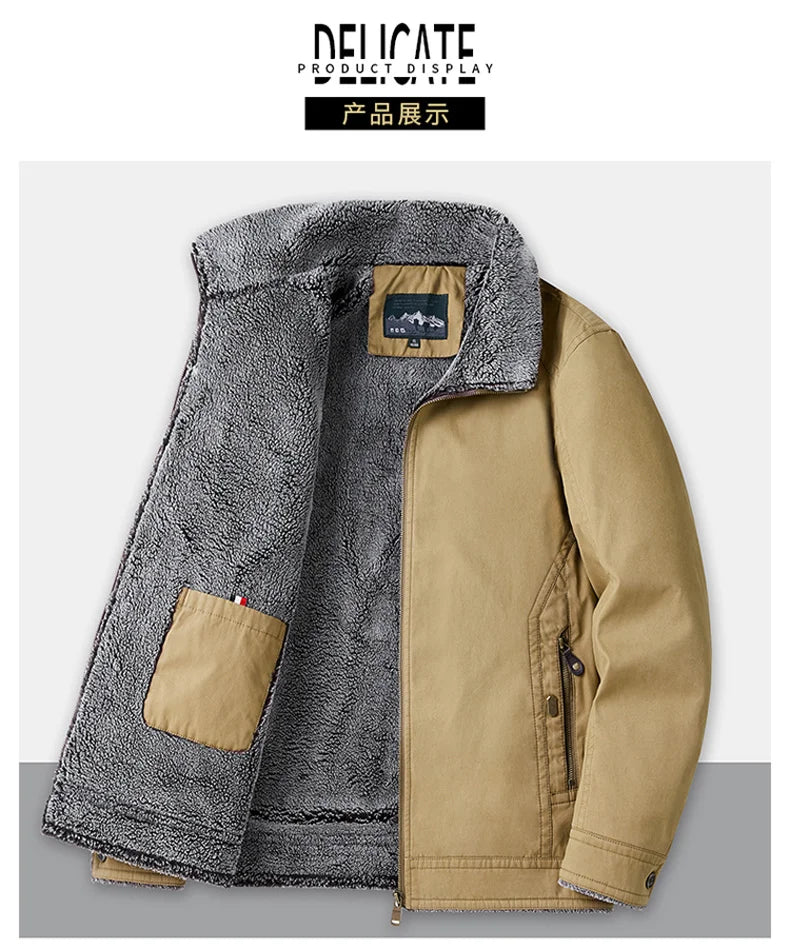 Autumn Winter Men's Jacket High Quality Clothing Thick Sheep Fur Collar Velvet Windproof Coat Male Casual Soft Fleece Warm Parka