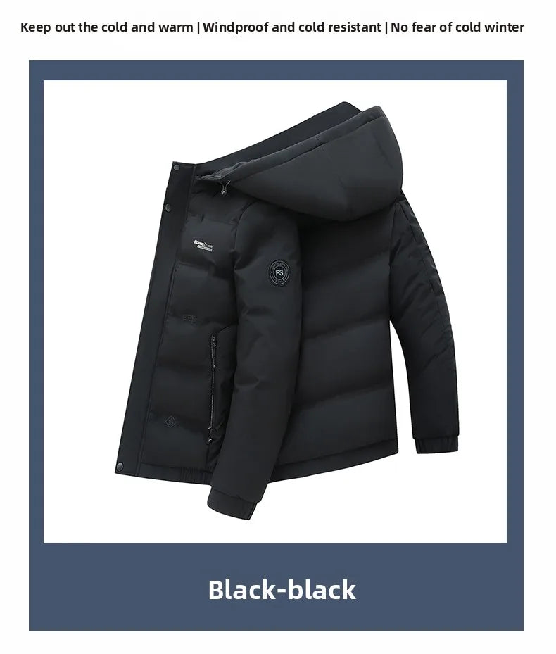 Men's Autumn Winter Quilted Parka Jacket with Thickened Lining – Hooded Standing Collar Windbreaker Coat for Middle-Aged Warmth