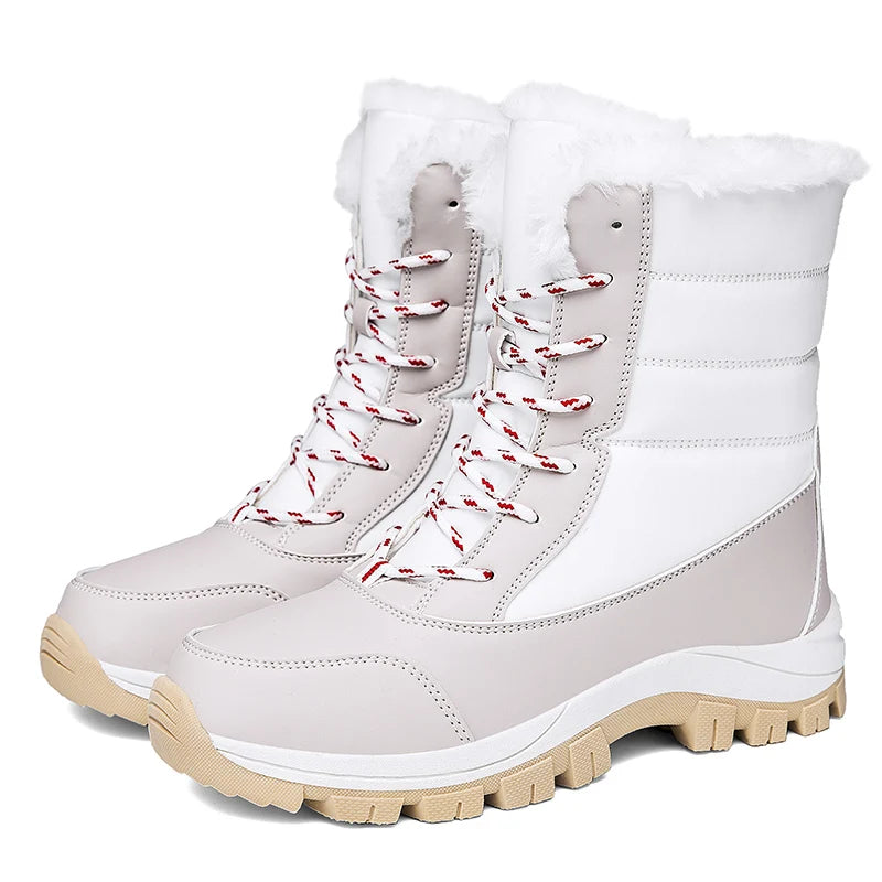2025 Winter Women's Waterproof High Heel Boots Strap Up Flat Heel Boots Warm Snow Shoes, Plush Outdoor Fashion Casual Boots