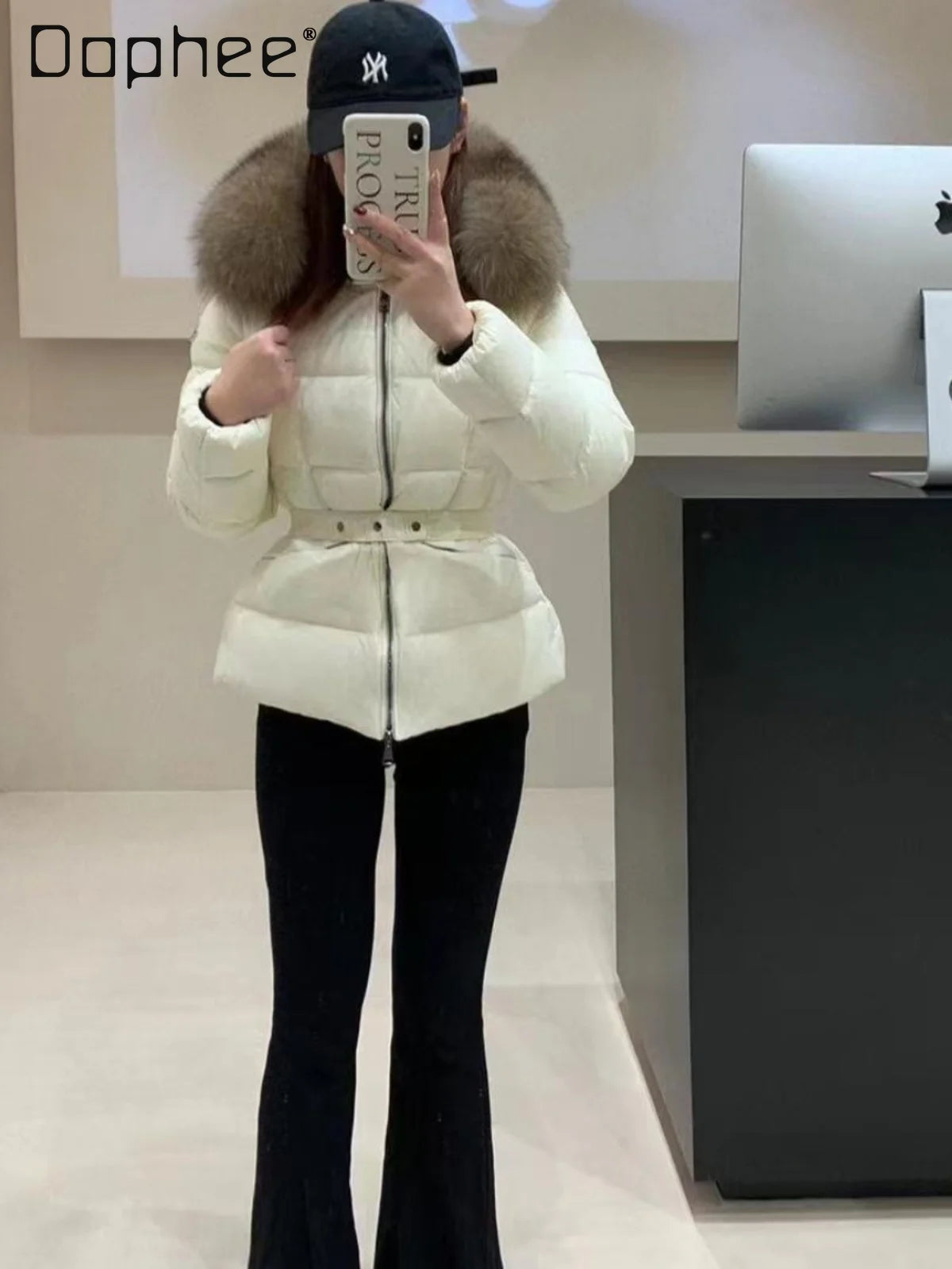 Winter Big Fur Collar Hooded Thickened Warm Jacket Korean Fashion Belt Slim Jacket Women Office Lady Solid Color Versatile Coat