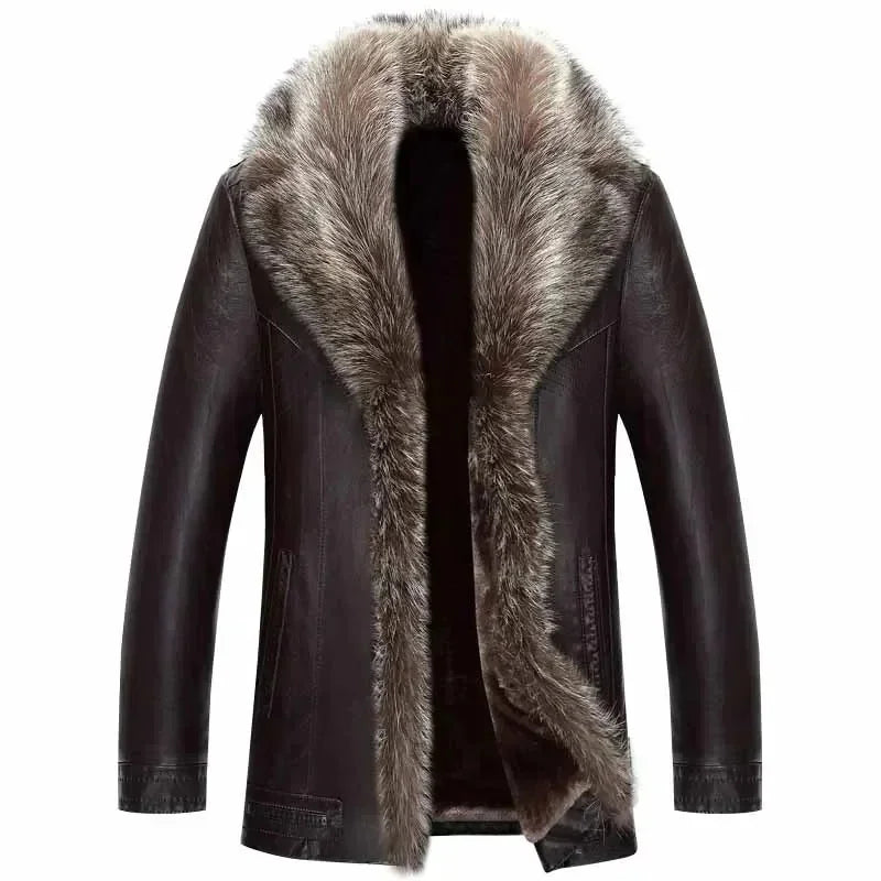 Winter New Leather Jacket for Men Short Plush Thickened Jackets 2025 Men's Raccoon Fur Collar Lapel Coats Jaqueta Couro