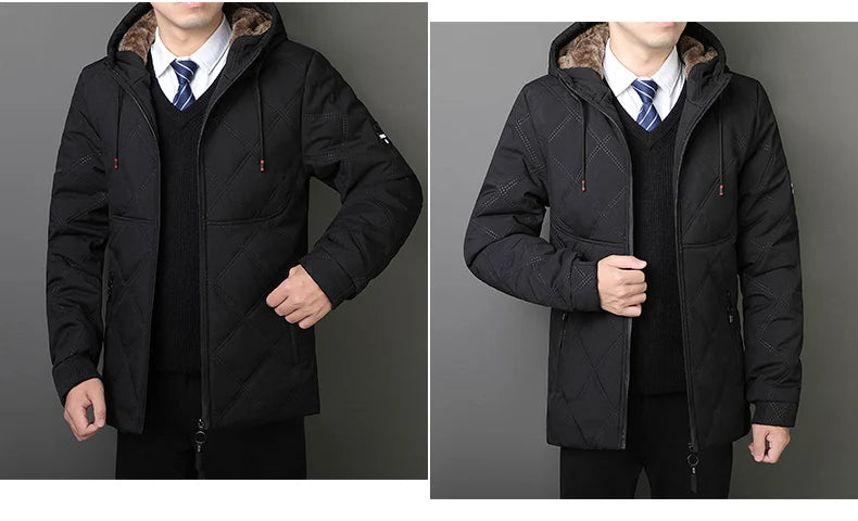Winter Hooded Jacket Men Windproof Warm Business Casual Men Coats Blazers for Men Formal Social Jacket Solid Color Thick Coat