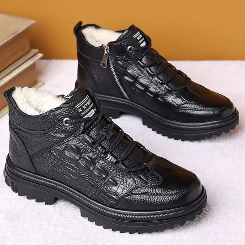 Snow Boots for Men Black High Top Lace Up Leather Winter Shoes Man Waterproof Casual Fashion Footwear Quality Fleece New in Fur