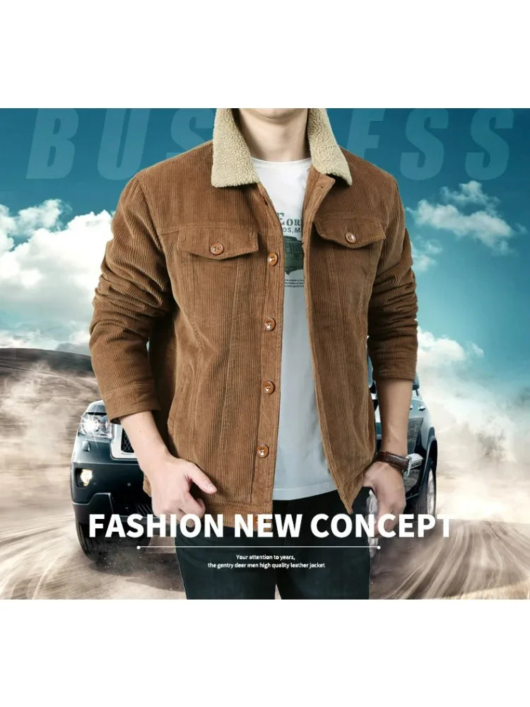 Male Cotton Jackets Padded Warm Loose Parka Coat Corduroy Short Jacket Man Solid Fur Collar Windbreaker Winter Men Fleece Jacket