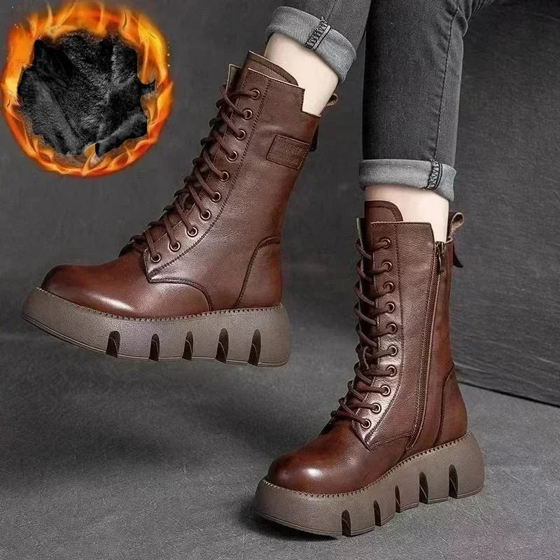 Winter Leather Women Boots 2025 Short Plush Mid-heel Snow Boots Lace Up Warm Lady Platform Biker Ankle Boots for Women Shoes