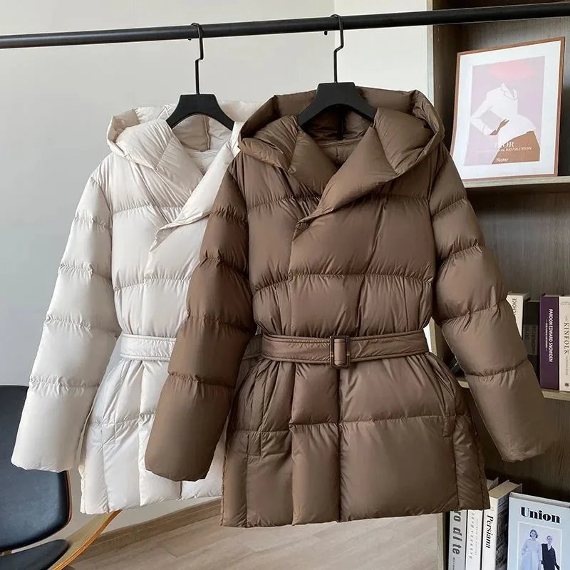 2025 New Winter Jacket Women Warm Parkas Long Sleeve Tops Casual Cotton Padded Jackets Belt Black Brown Hooded Outwear Female