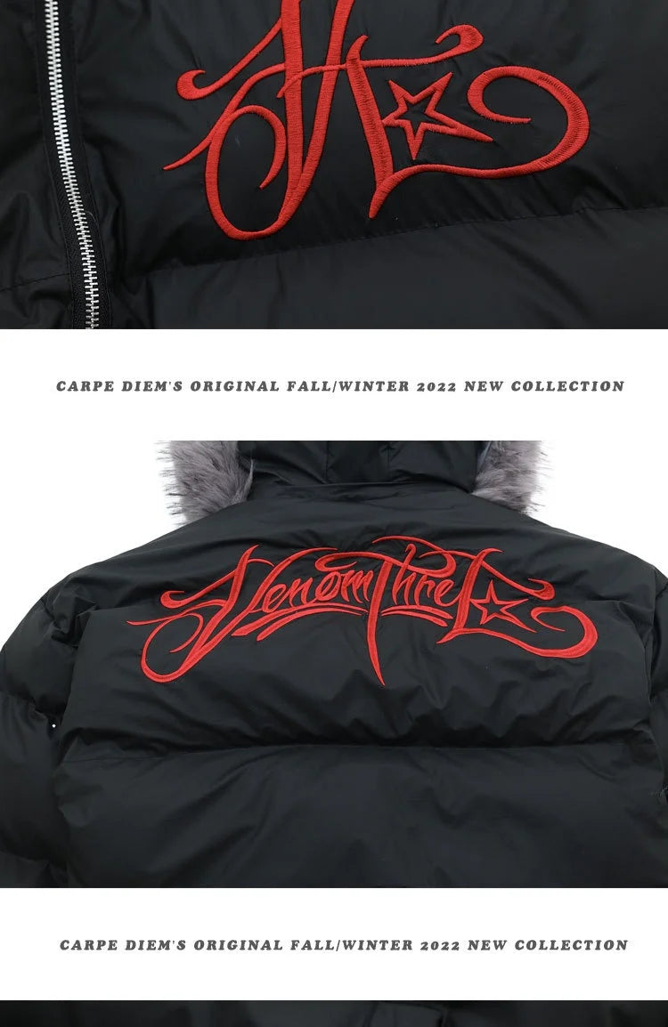 Winter Jacket Men Women Loose Thick Warm Bomber Cotton Hooded Coat Detachable Fur Collar Embroidered Design Outdoor Windproof