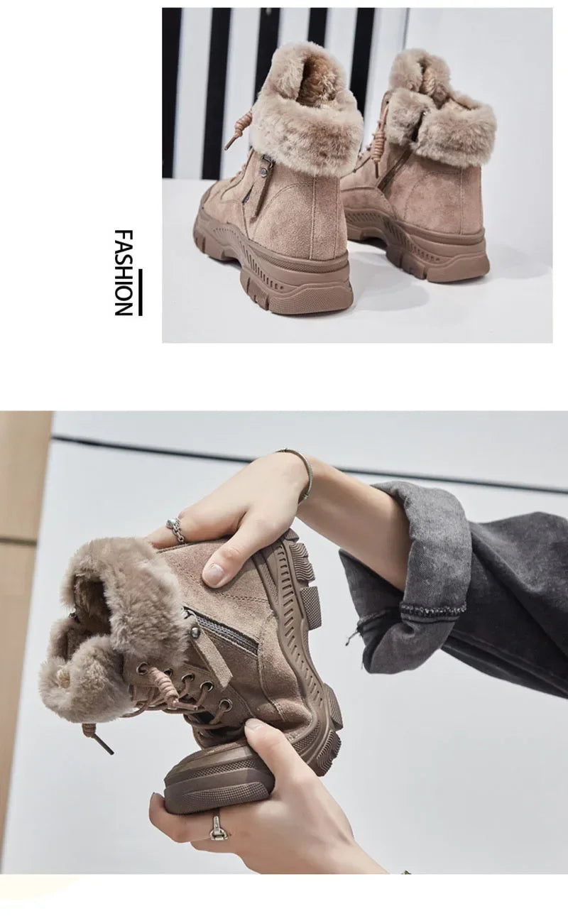 2024 Winter Shoes Women Snow Boots Thick Sole Warm Plush Cold Winter Shoes Genuine Leather Suede Women Ankle Boots