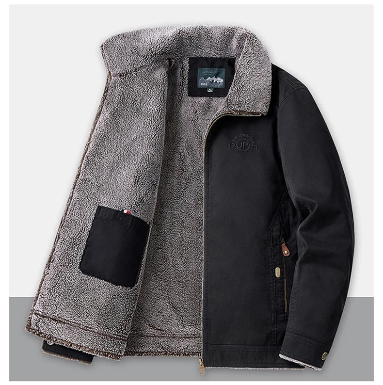 Autumn Winter Men's Jacket High Quality Clothing Thick Sheep Fur Collar Velvet Windproof Coat Male Casual Soft Fleece Warm Parka