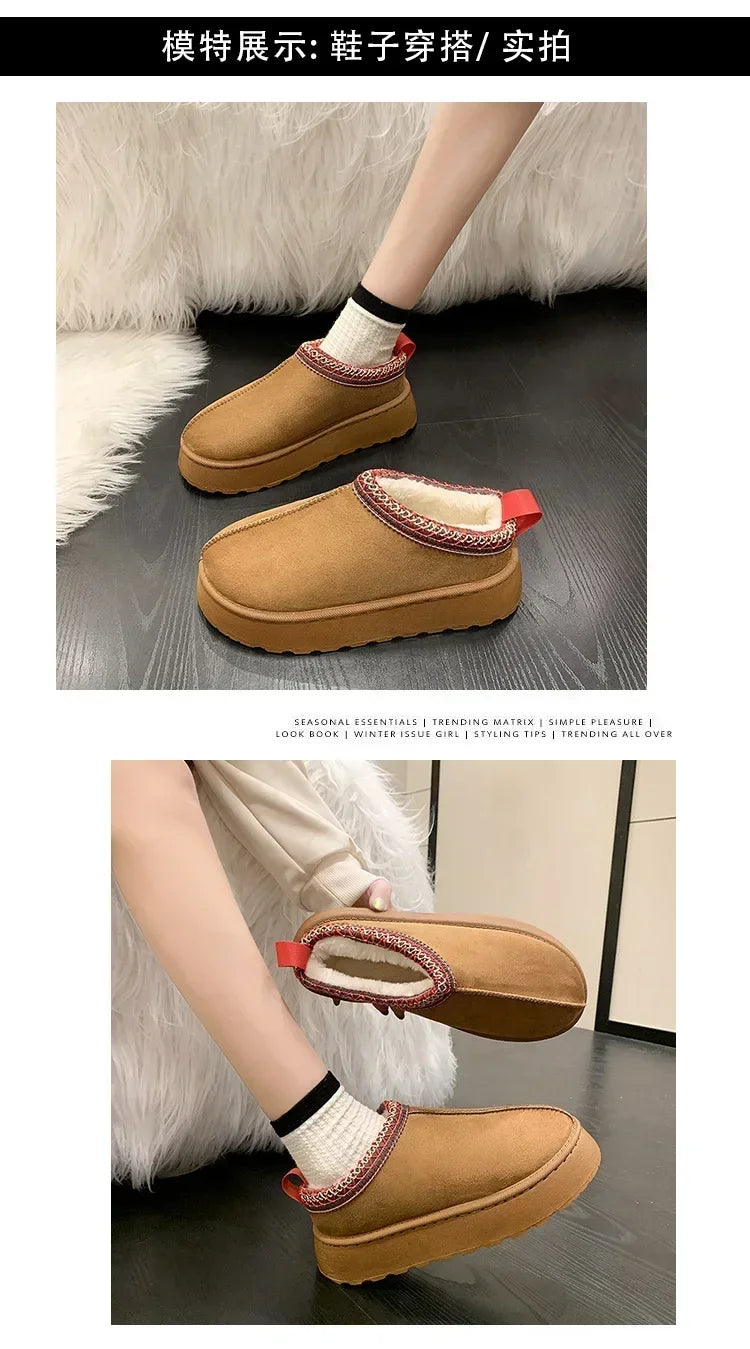 Snow Boots for Women 2024 Winter New Cashmere Warm Thick Soles Without Heel-covered Hair Half Slipper Cotton Shoes for Women