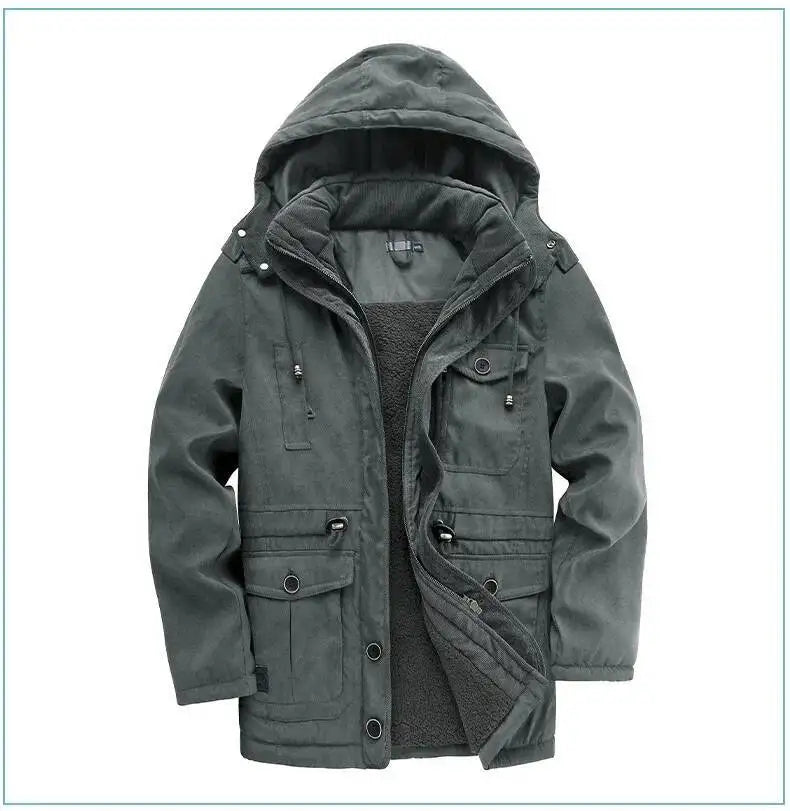 2025 Winter Men's American Fashion Versatile Hooded Cotton Jacket Thickened Multi Pocket Casual Simple Medium Length Top Coats