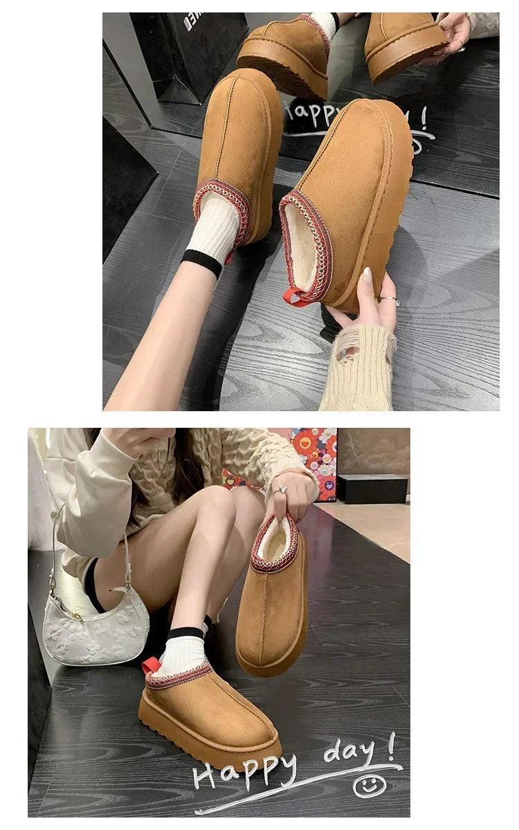 Snow Boots for Women 2024 Winter New Cashmere Warm Thick Soles Without Heel-covered Hair Half Slipper Cotton Shoes for Women