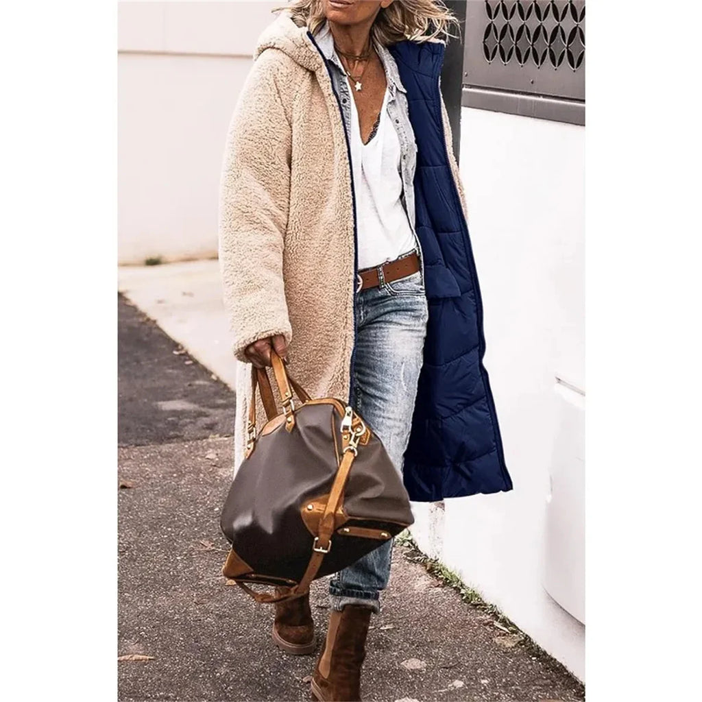 Winter Hooded Quilted Jacket For Women Solid Reversible Long Sleeve Thick Coat Warm Fashion Long Outerwear Casual Puffer Coats