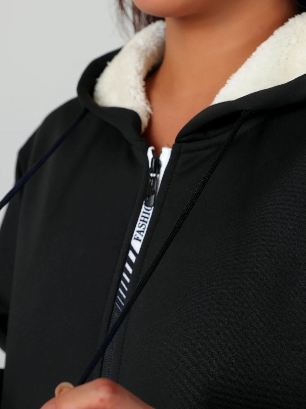 A Winter Women's Jacket, Fleece-Lined and Thickened for Warmth, Loose Casual Women's Outerwear, Polyester Fabric, Zip-Up Front, Side Zipper Pockets, Solid Color Hooded Jacket, Hidden Large Pockets Inside