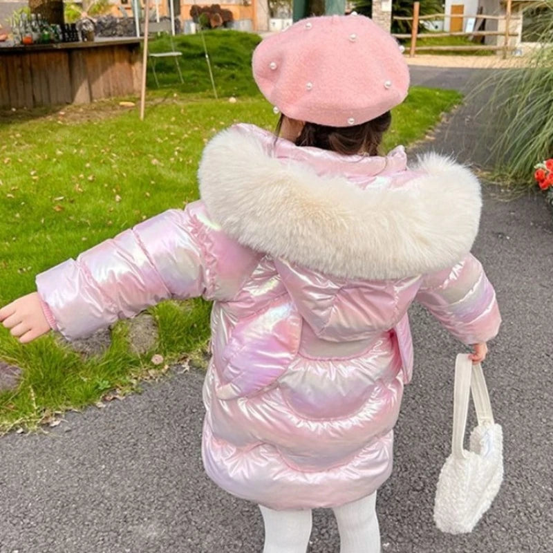 Winter Girls Down Jacket with Faux Fur Lining - Thermal Insulation Windproof Stain Resistant Coat for Medium To Large Kids