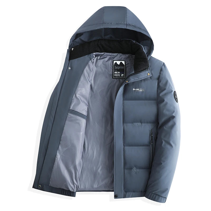 Men's Autumn Winter Quilted Parka Jacket with Thickened Lining – Hooded Standing Collar Windbreaker Coat for Middle-Aged Warmth