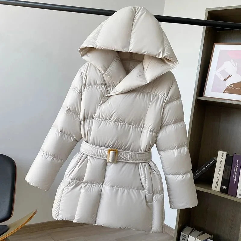 2025 New Winter Jacket Women Warm Parkas Long Sleeve Tops Casual Cotton Padded Jackets Belt Black Brown Hooded Outwear Female