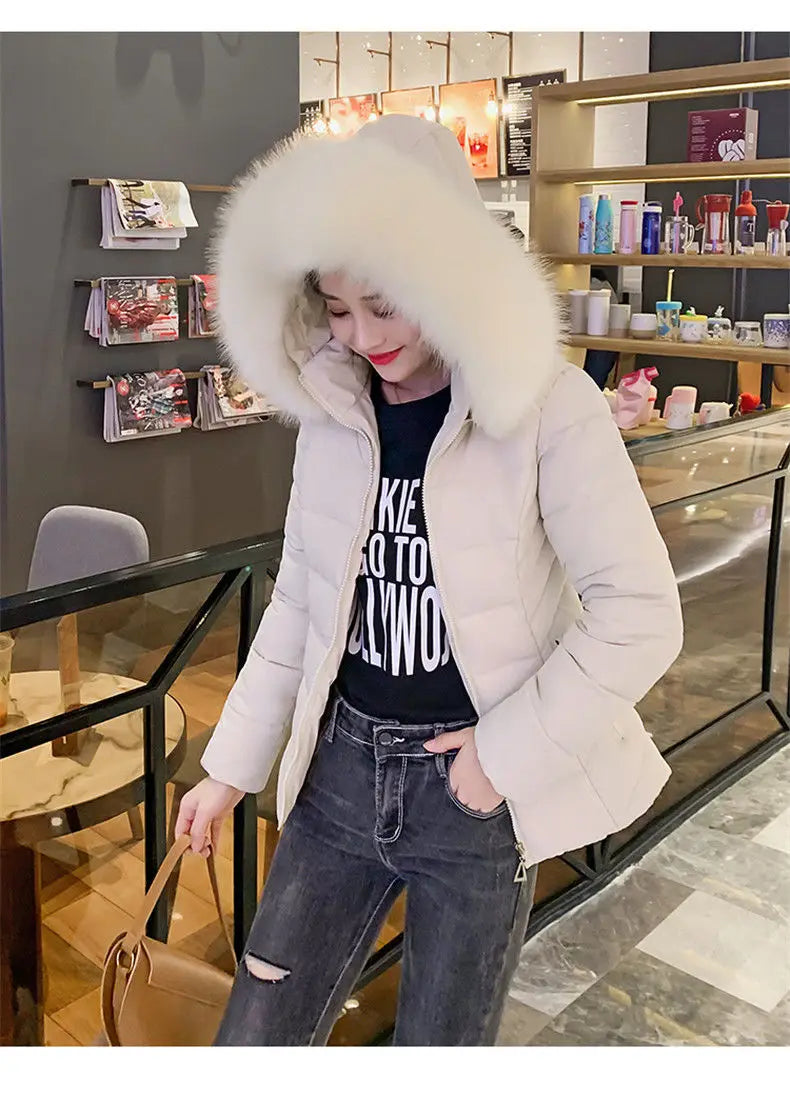 Fashion Winter Jacket Women 2025 New Korean Big Fur Collar Hooded Thick Down Parkas Female Short Coat Slim Warm Outerwear R047