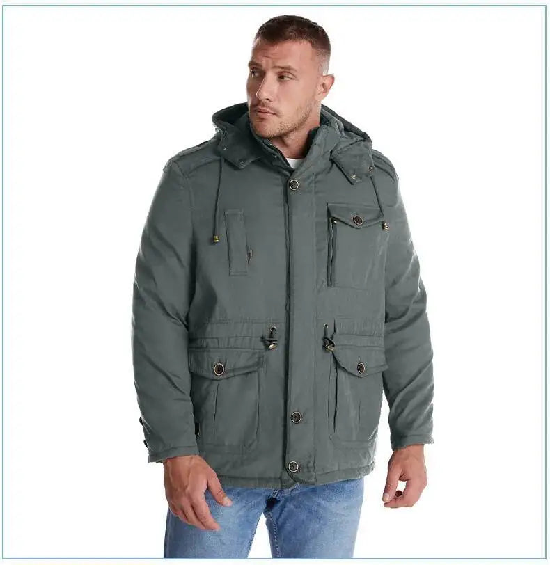 2025 Winter Men's American Fashion Versatile Hooded Cotton Jacket Thickened Multi Pocket Casual Simple Medium Length Top Coats