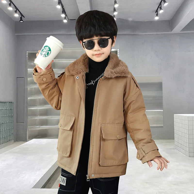 Winter Boys Insulated Jacket Child Khaki Color Retro Plus Thicken Coat Warm Outerwear High Quality Clothes Kids Windbreaker Coat