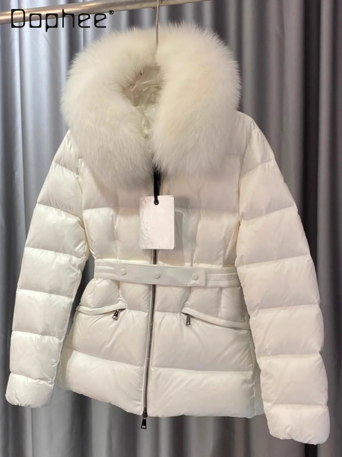 Winter Big Fur Collar Hooded Thickened Warm Jacket Korean Fashion Belt Slim Jacket Women Office Lady Solid Color Versatile Coat