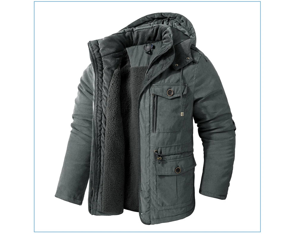 Winter Mens Fleece Warm Jackets Fashion Men Thicken Thermal Tactical Hooded Coats Men Outdoor Multi-pocket Windbreaker Jacket