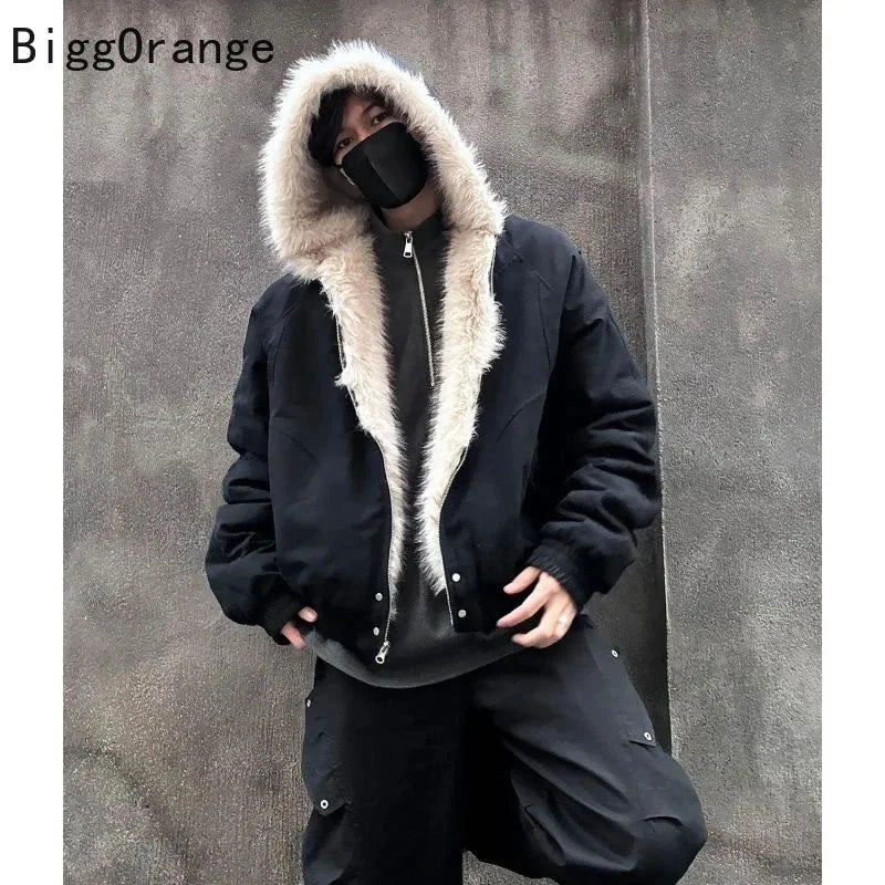 Winter plush jacket American log warm jacket men and women retro stylish hip-hop simple loose leather motorcycle punk jacket