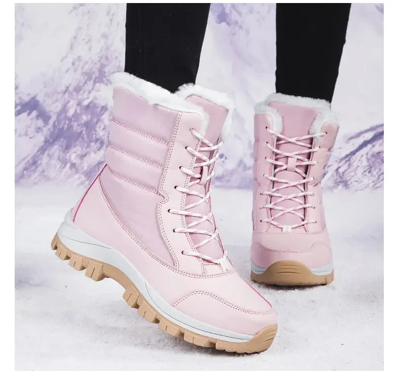 2025 Winter Women's Waterproof High Heel Boots Strap Up Flat Heel Boots Warm Snow Shoes, Plush Outdoor Fashion Casual Boots