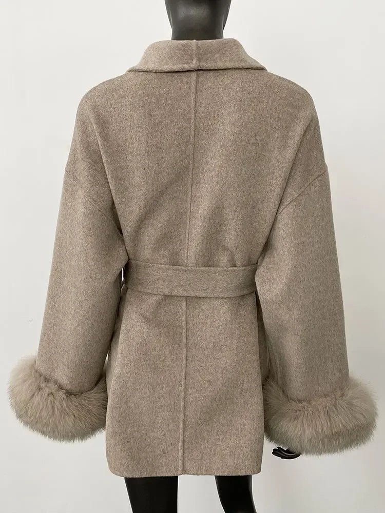 2024 New Winter Jacket for Women Natural Fox Fur Collar Thickened Warm Cashmere Wool Double-sided Coat Fashion V-neck Commuting