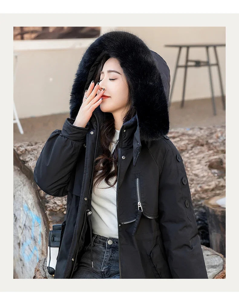 CJFHJE Parkas Winter Jackets Women Chaquetas Para Mujeres Waist Big Fur Collar Warm Down Jacket Outdoor Coat Abrigos De Plumas