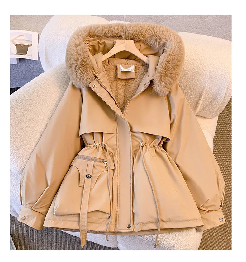 Fleece Lined Hood Down Jacket Winter Coat for Women Warm Drawstring Padded Parkas Korean Casual Streetwear Female Puffer Outwear