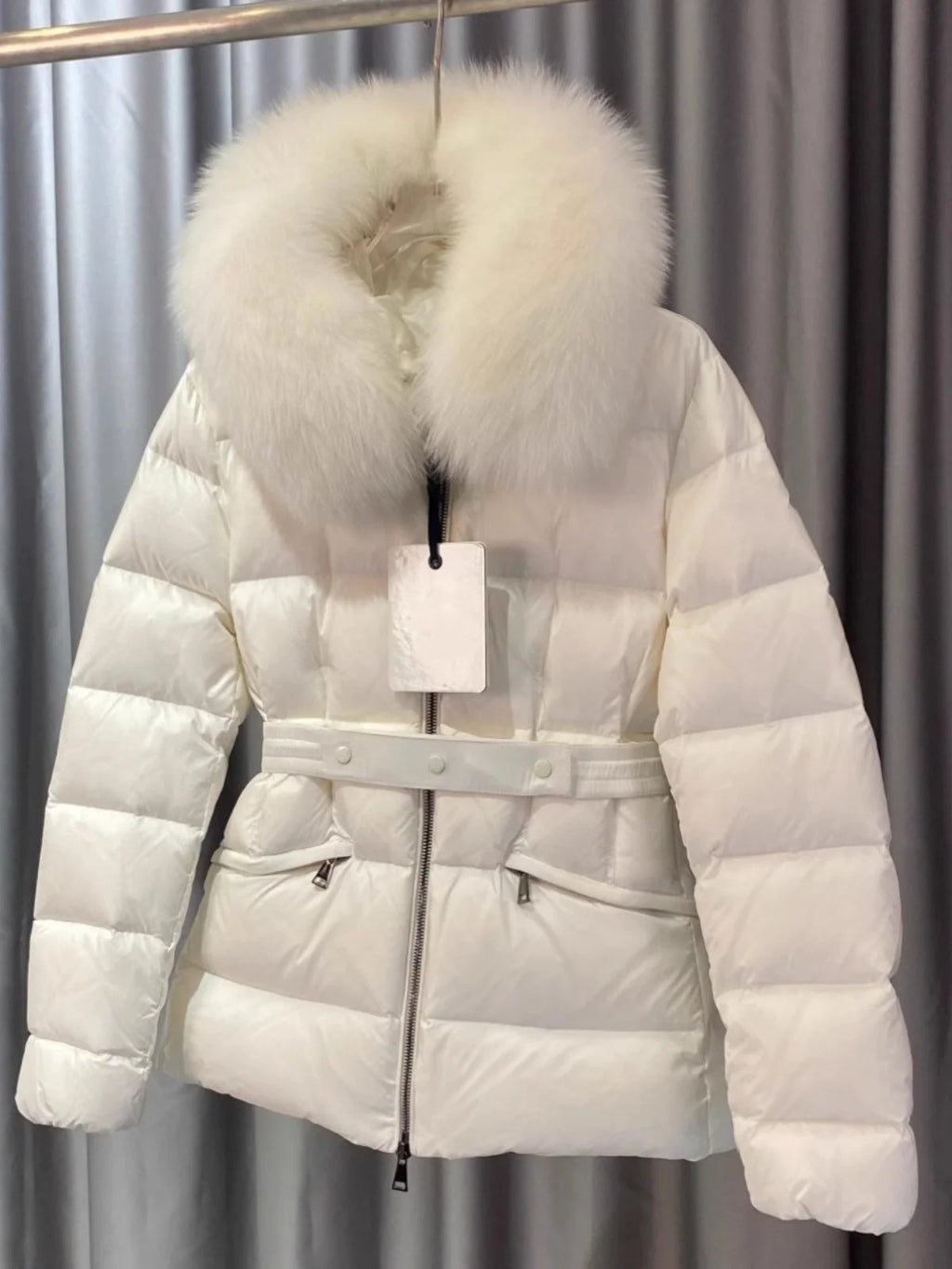 Winter Big Fur Collar Hooded Thickened Warm Jacket Korean Fashion Belt Slim Jacket Women Office Lady Solid Color Versatile Coat