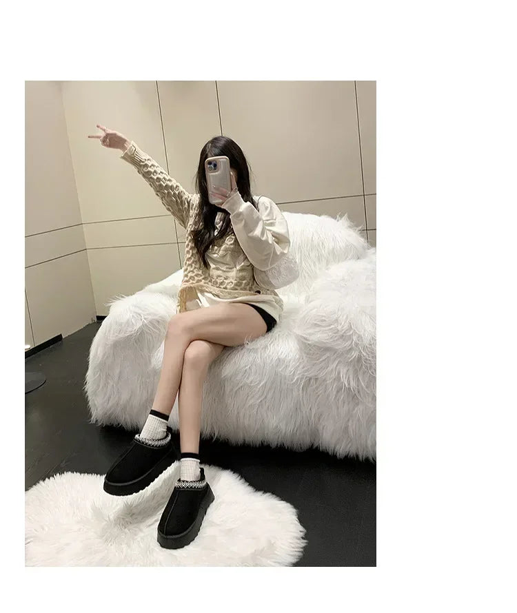 Snow Boots for Women 2024 Winter New Cashmere Warm Thick Soles Without Heel-covered Hair Half Slipper Cotton Shoes for Women