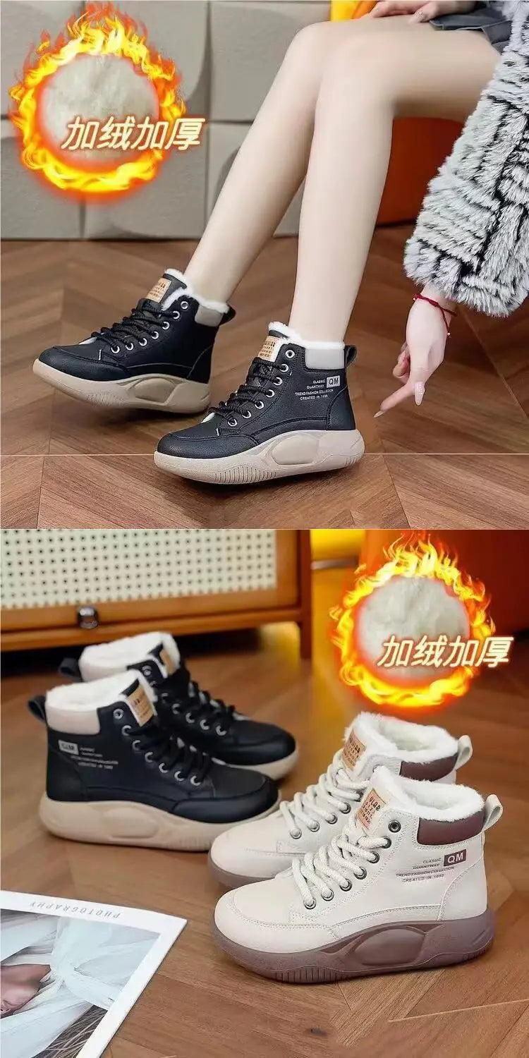 【2025 Winter】Women's High-Top Thermal Sneakers Fashion All-Match Fur Lined Winter Shoes Non-Slip Warm Casual Sports Shoes