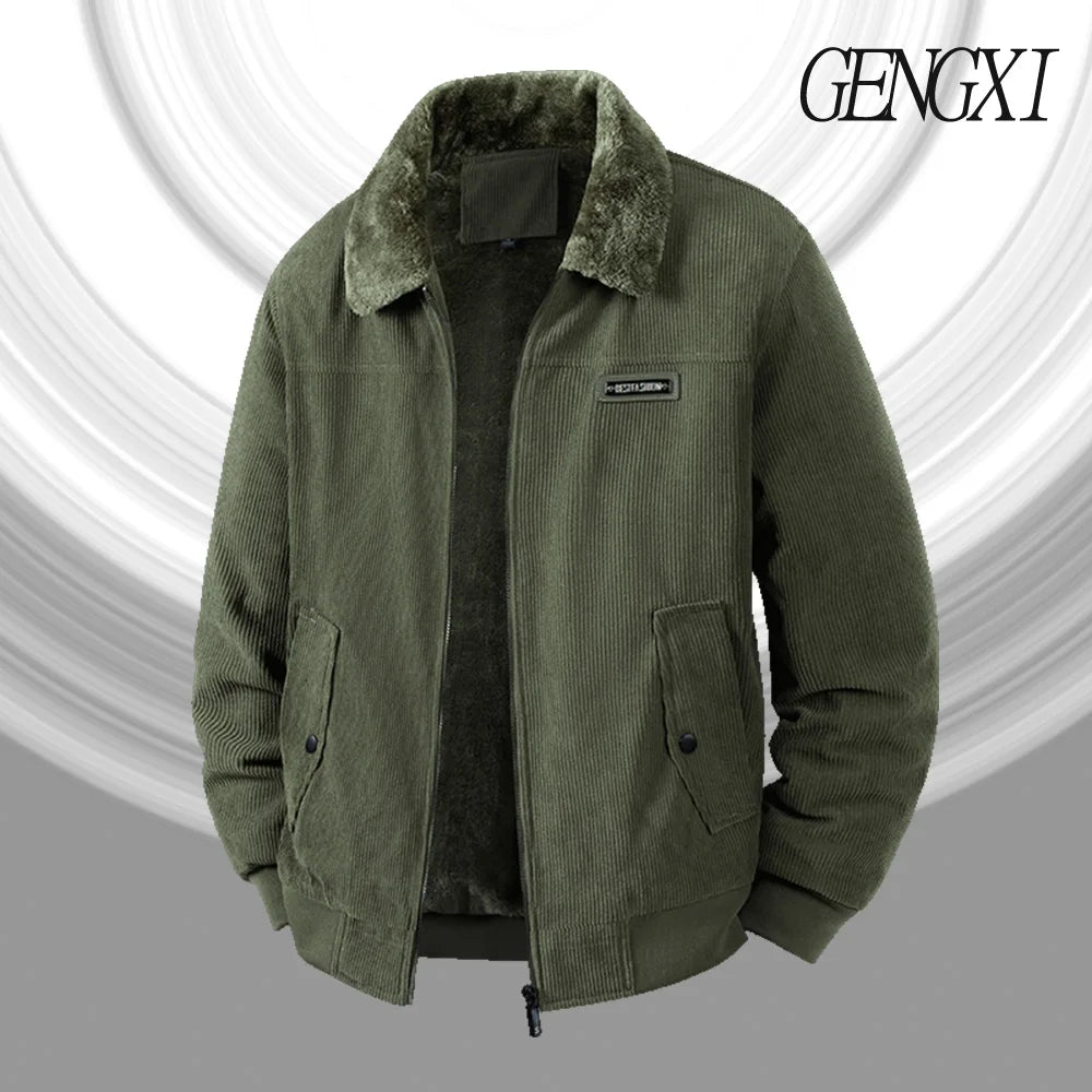 Winter New Arrival: Warm-Weather Corduroy Jacket Men's Fleece-Lined, Thickened Letter-Label Collared Jacket Fashionable Menswear