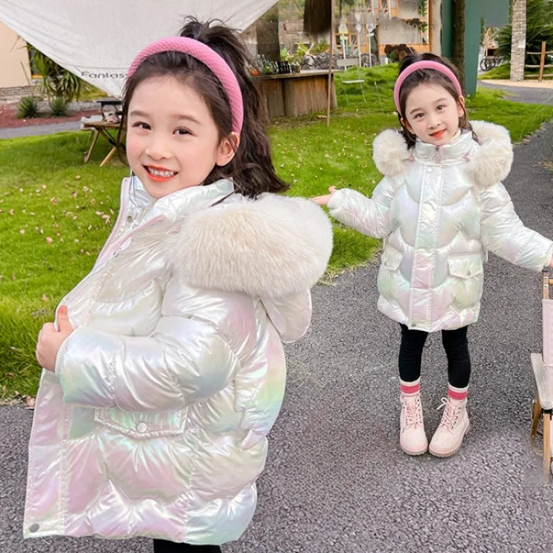 Winter Girls Down Jacket with Faux Fur Lining - Thermal Insulation Windproof Stain Resistant Coat for Medium To Large Kids