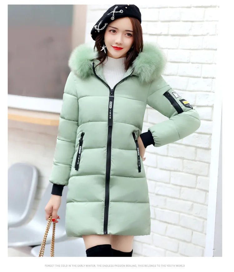 Women Parkas Hooded Long Sleeve Fur Collar Solid Thick Midi Parka Zipper Pockets Casual Warm Coat Outerwear Winter 2024