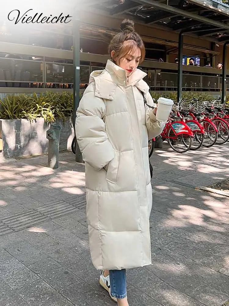 Vielleicht 2025 Korean Jacket Women Winter X-long Parkas Solid Hooded Thicken Warm Female Snow Wear Coat Padded Loose Clothes