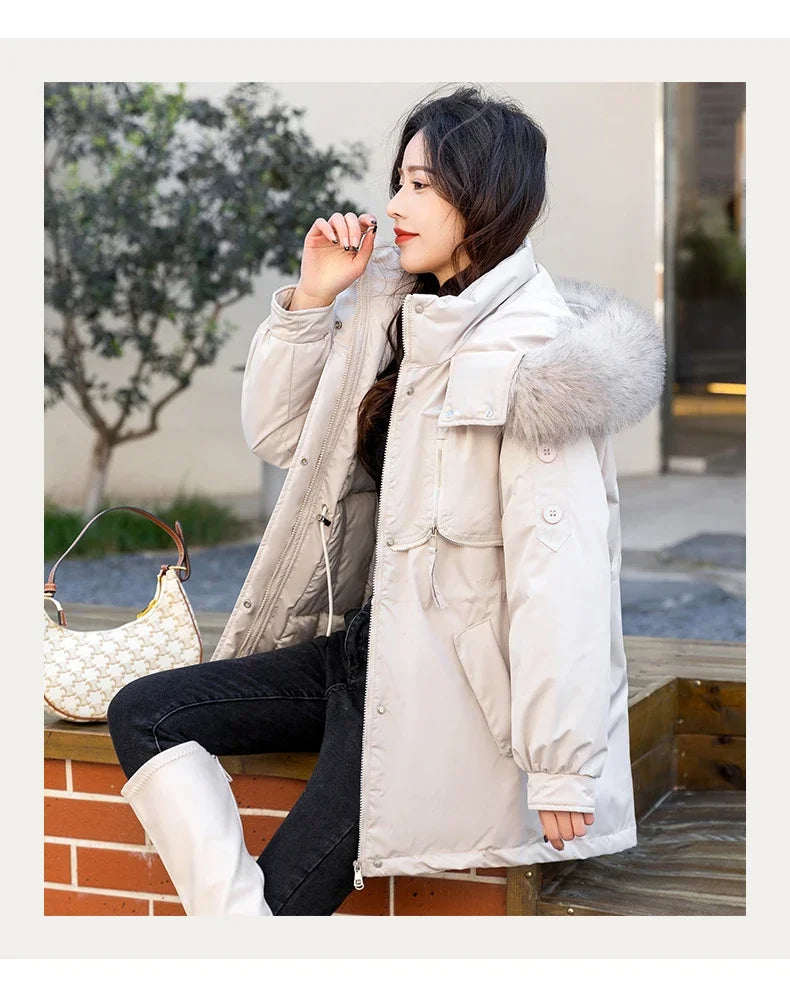 CJFHJE Parkas Winter Jackets Women Chaquetas Para Mujeres Waist Big Fur Collar Warm Down Jacket Outdoor Coat Abrigos De Plumas