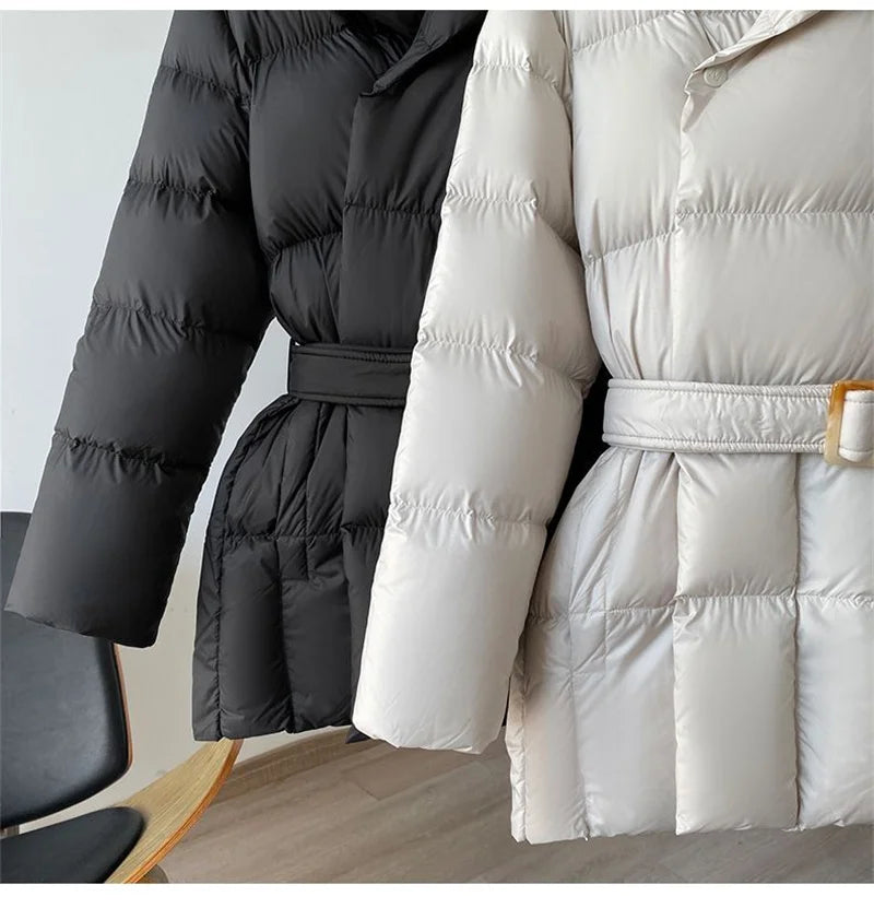 2025 New Winter Jacket Women Warm Parkas Long Sleeve Tops Casual Cotton Padded Jackets Belt Black Brown Hooded Outwear Female