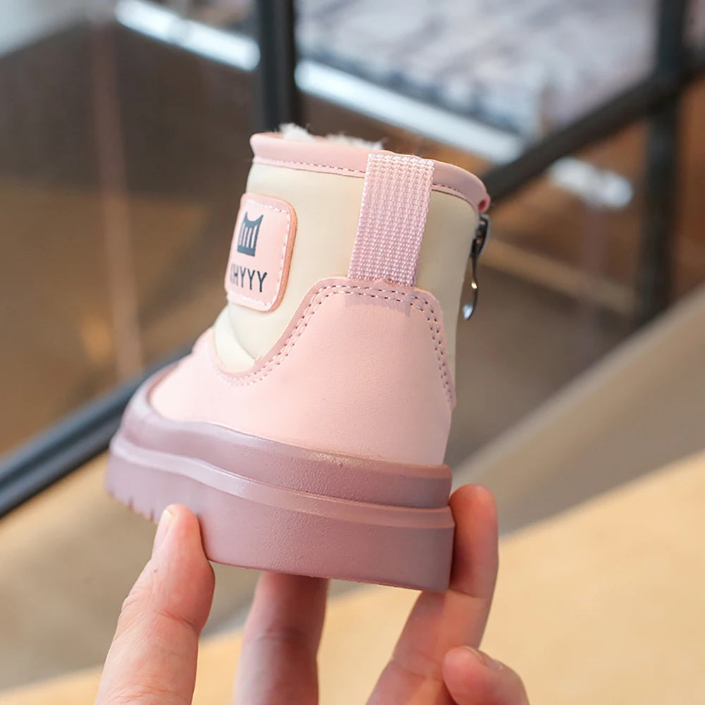 PU Leather Snow Boots For Children Waterproof Thick Warm Girl's Plush Boots Faux Fur Winter Cotton Shoes For Teenager Kids