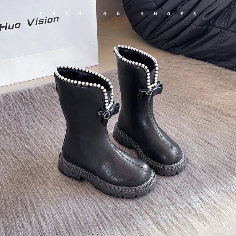 Winter girls' shoes 2025 new soft soled fashionable princess boots anti slip outdoor zipper children's leather boots