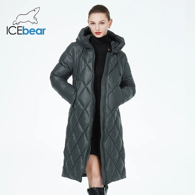 ICEbear-Women's Diamond Quilted Jacket, Lengthened Style, Padded Parka, Warm Cotton Coat, Lengthened, Winter, 2023, GWD22631D