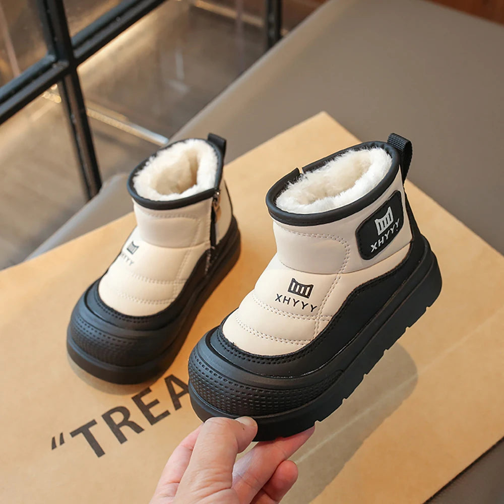 PU Leather Snow Boots For Children Waterproof Thick Warm Girl's Plush Boots Faux Fur Winter Cotton Shoes For Teenager Kids