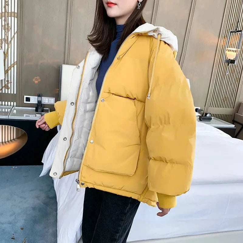 2024 Winter Korean Warm Female Puffer Coat Pocket Solid Parkas Padding Long Sleeve Thick New in Outerwears Hooded Women's Jacket
