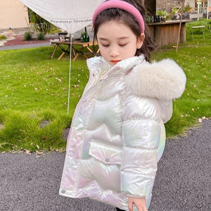 Winter Girls Down Jacket with Faux Fur Lining - Thermal Insulation Windproof Stain Resistant Coat for Medium To Large Kids