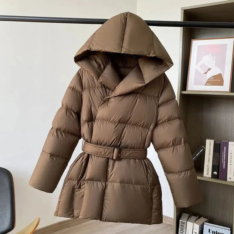 2025 New Winter Jacket Women Warm Parkas Long Sleeve Tops Casual Cotton Padded Jackets Belt Black Brown Hooded Outwear Female