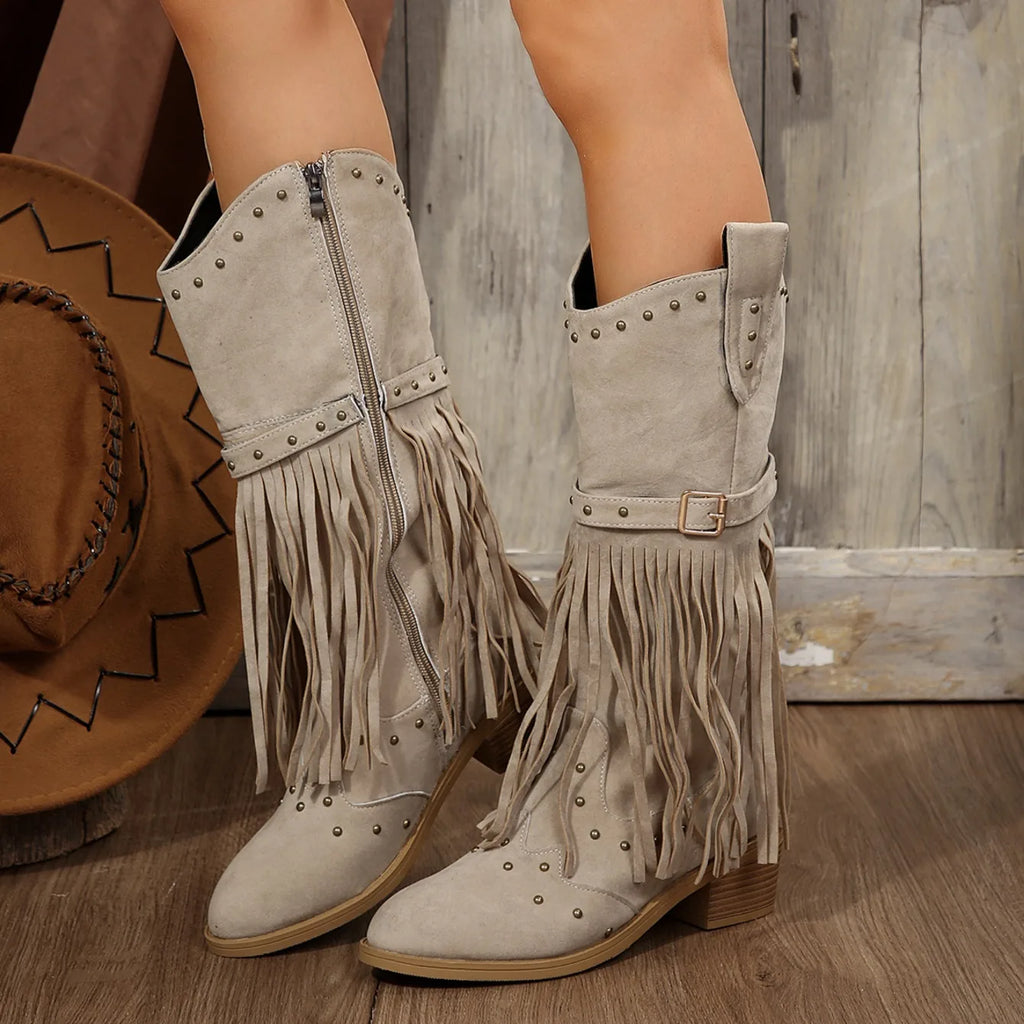 2024 Winter Women Fringes Thick Heel High Boots Suede Pointed Toe Outdoor Fashion Platform Shoes Willow Nails Pumps Women Shoes