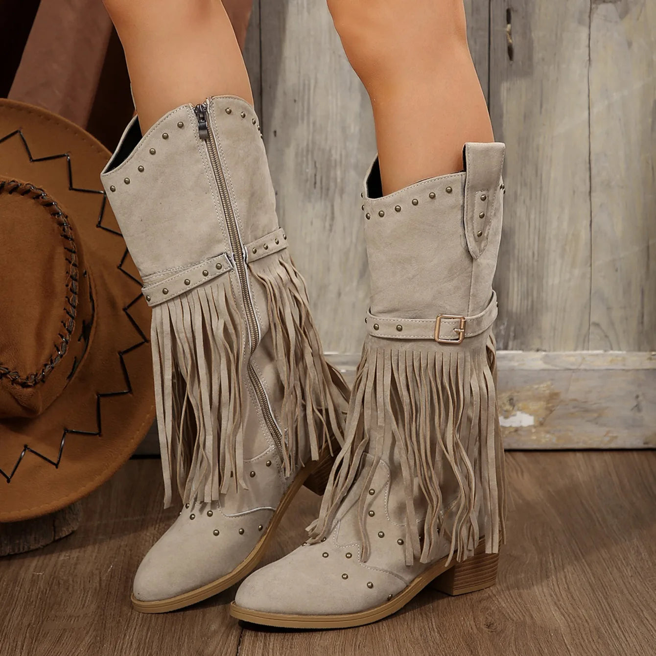 2024 Winter Women Fringes Thick Heel High Boots Suede Pointed Toe Outdoor Fashion Platform Shoes Willow Nails Pumps Women Shoes