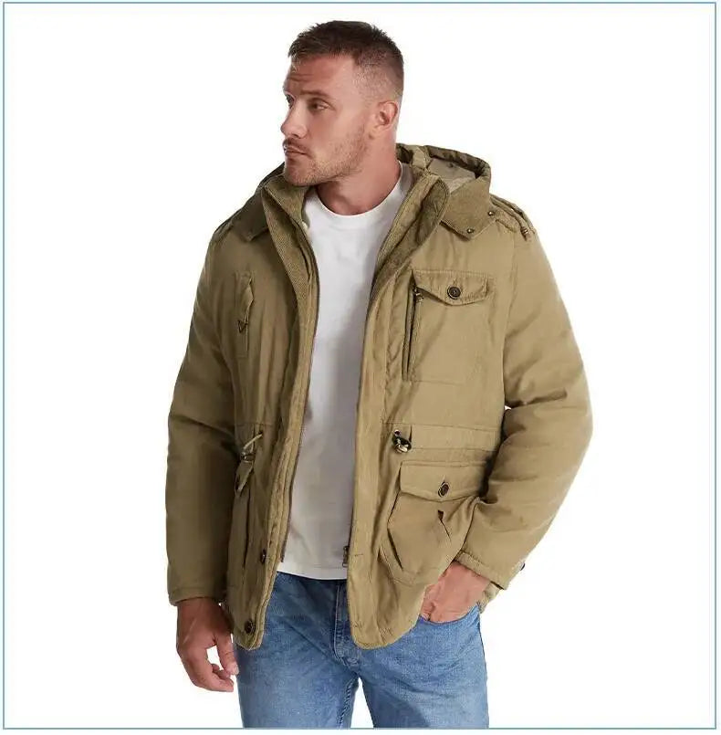 2025 Winter Men's American Fashion Versatile Hooded Cotton Jacket Thickened Multi Pocket Casual Simple Medium Length Top Coats